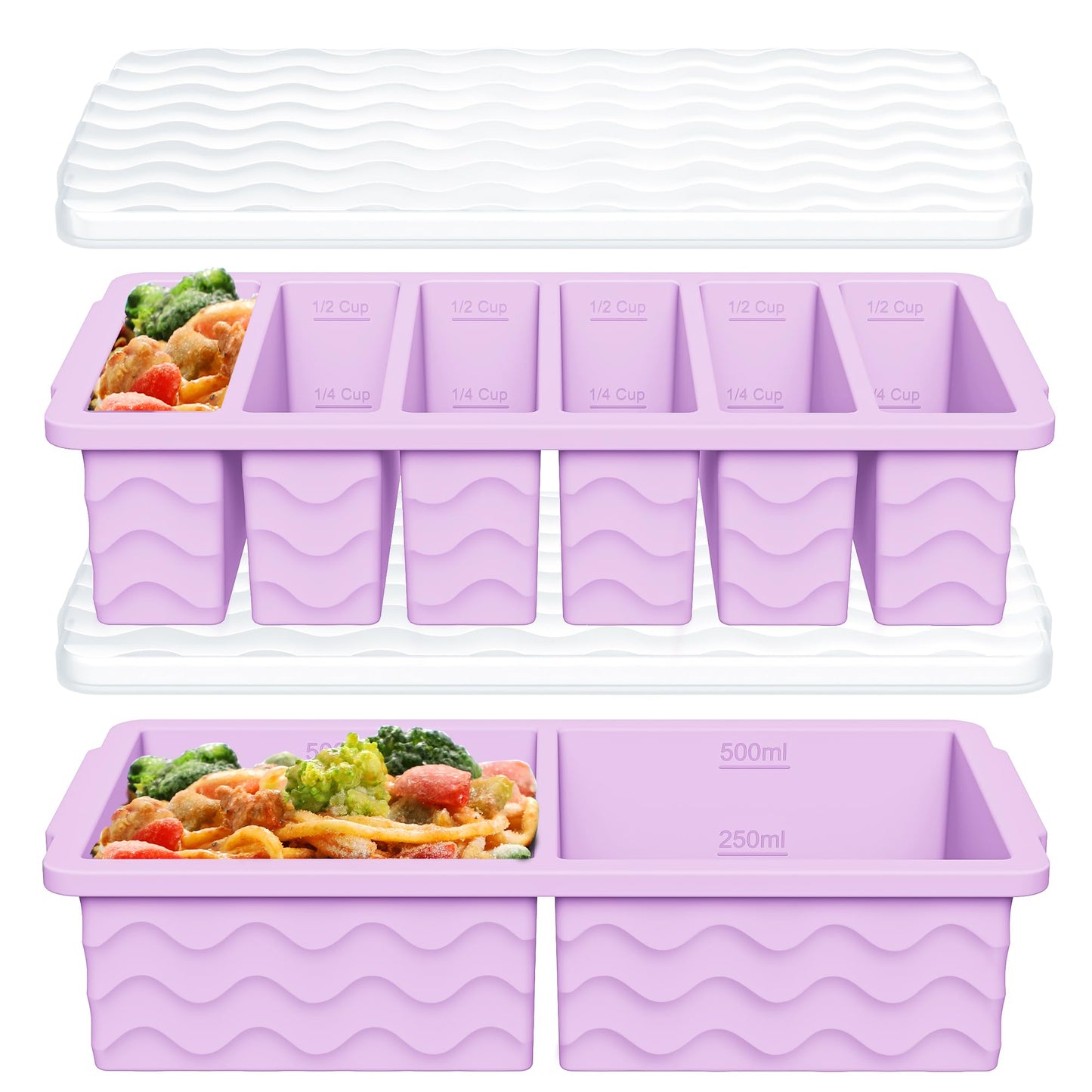 2-Pack Silicone Freezer Trays with Lid, 2 Large 2-Cup(500ml) & 6 Small 1/2-Cup(125ml) Soup Freezer Container Molds, Ice Cube Tray For Meal Prep & Freezing Soup, Stews, Sauces, Oven & Dishwasher-Safe
