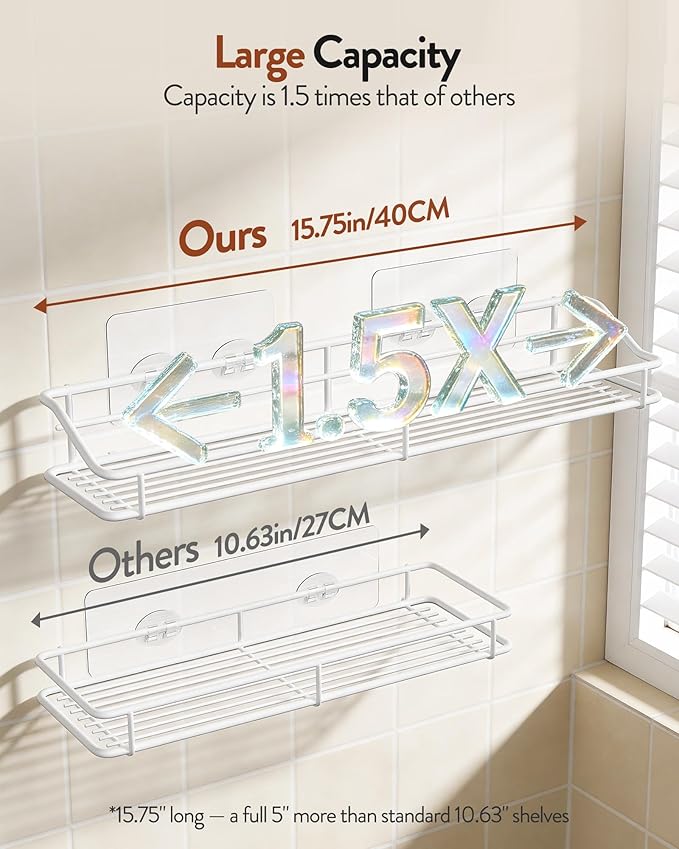 Orimade Bathroom Shelf Organizer Shower Caddy Storage Kitchen Rack with Traceless Transparent Adhesive No Drilling SUS304 Stainless Steel, 15.75inch, White
