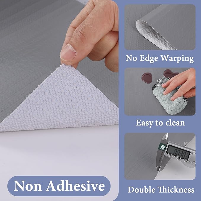 Drawer and Shelf Liner for Kitchen Cabinet: 17 in X 20 Ft Non Slip Waterproof Shelf Paper Non Adhesive Refrigerator Liners Gray Easy Liners for Bathroom Cupboard with Knife Tape Measure