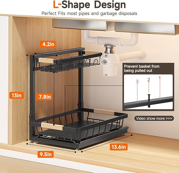 2 Packs Under Sink Organizer, Height Adjustable 2 Tier Under Kitchen Sink Organizer, Multi-Purpose Storage Shelf for Kitchen Bathroom Cabinet (Black, Large)
