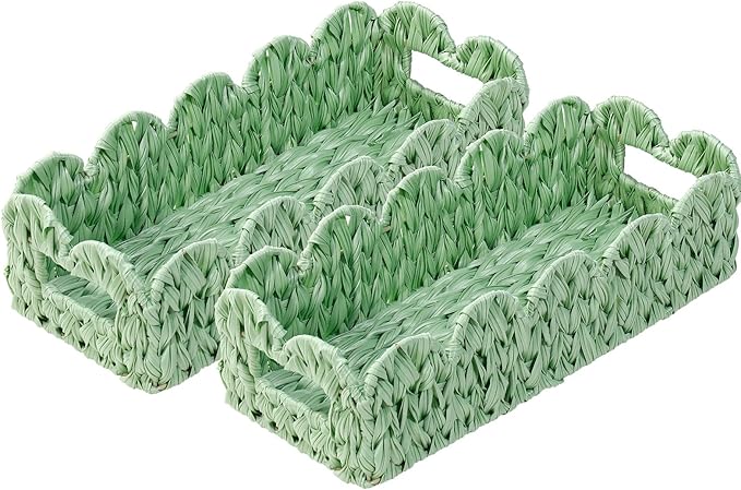 Green Toilet Basket,2 Pack Scalloped Wicker Basket for Shelves,Both Storage and Decor,Small Toilet Paper Baskets for Tank Topper,Countertop,Rectangle