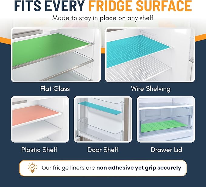 Refrigerator Liners for Shelves (8 Pack) by Linda’s Essentials - Non-Adhesive Shelf or Drawer Liner, BPA-Free Fridge Mats for Kitchen & Cabinets, Easy to Clean, Ideal Household Essentials(Multi Color)