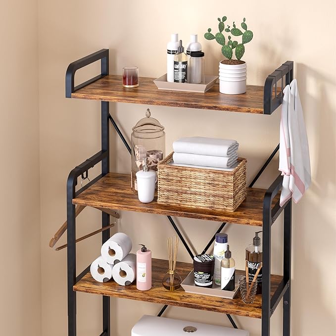 Over The Toilet Storage Rack with 3-Tier Bathroom Shelves, Space Saver Toilet Shelf, Bathroom Storage Organizer with Hooks for Over Toilet Storage and Shelf (Rustic Brown)
