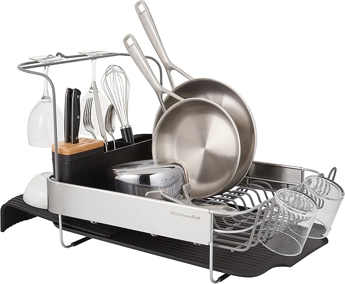 KitchenAid Full Size, Rust Resistant Expandable Dish Rack with Angled Self Draining Drainboard, 24-Inch, Black