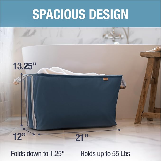CleverMade Collapsible Laundry Basket LUXE 2 Pack – 60 L (16 Gal) Foldable Cotton Blend Clothes Hamper with Vegan Leather Accents, Reinforced Handles, Space Saving Laundry Bin Holds 55 lbs - Navy