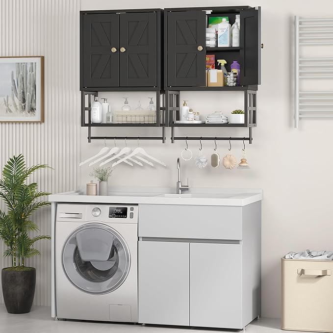 Farmhouse Medicine Cabinet - 3-Tier Wall Mounted Storage Organizer with Adjustable Shelves, Towel Bar, 5 Hooksfor Small Bathroom, Laundry Room, Over Toilet, Living Room, Bedroom (Black)