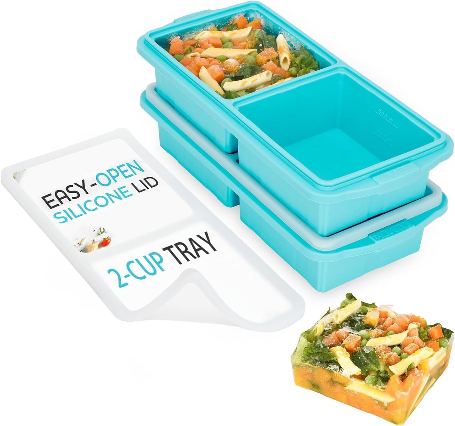 XOMOO Silicone Freezer Tray With Lid - Soup Freezer Container molds - Large Ice Cube Tray- makes 8 perfect 1 cup portions cubes, 2-Pack Freezer Storage Food Soups & Meal Prep - Oven & Dishwasher -Safe