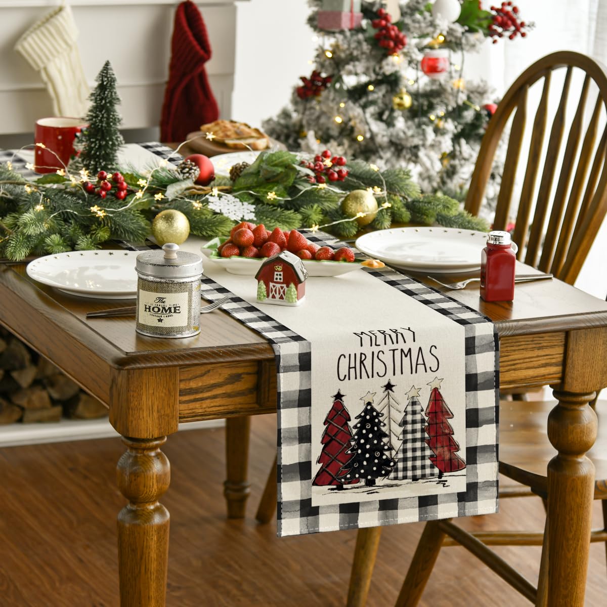 Artoid Mode Waterclor Buffalo Plaid Christmas Trees Merry Xmas Table Runner, Seasonal Winter Holiday Kitchen Dining Table Decoration for Indoor Outdoor Home Party Decor 13 x 72 Inch