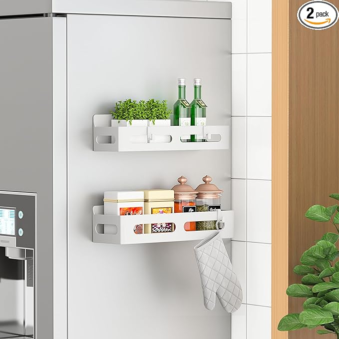 2 Pack Strong Magnetic Spice Rack for Refrigerator, Multipurpose Magnetic Shelf for Fridge with 4 Hooks for kitchen and Bathroom Organization, White