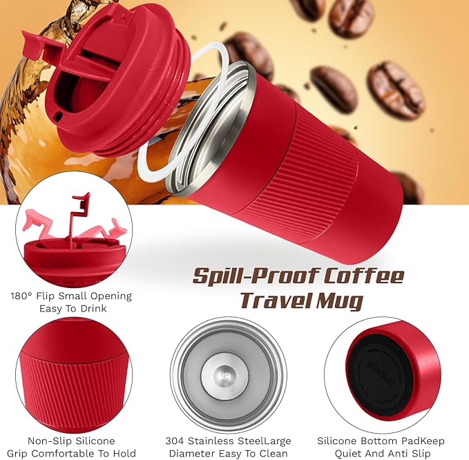 Vacuum-Insulated Stainless Steel Travel Coffee Mug, Leak-Proof Reusable Coffee Cup with Lid - Keep Hot & Cold Drinks for Hours, Durable Insulated Tumbler for Men & Women(3rd-Red, 17OZ)