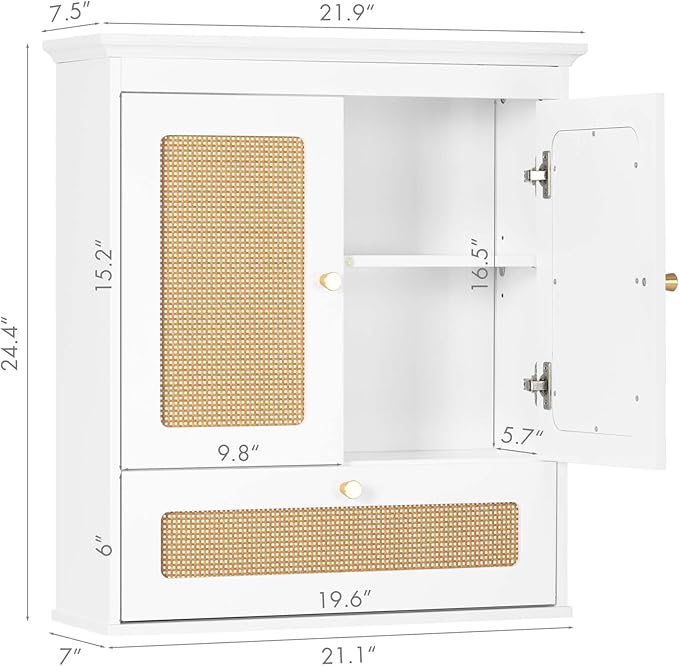 Spirich Bathroom Wall Cabinet Over Toilet, Boho Rattan Medicine Cabinet with Adjustable Shelf, Space-Saving Wall Mount Storage