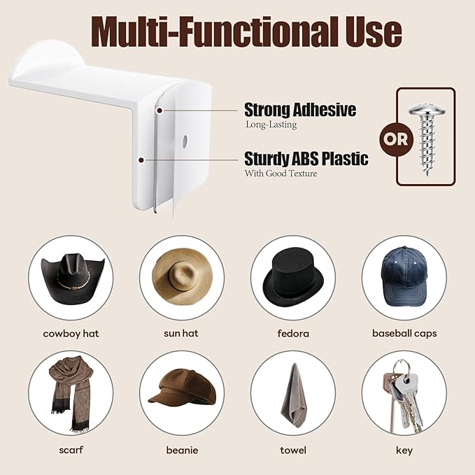 2.8 Inch Hat Hooks for Wall - (8 Pack) Cowboy Hat Rack, Strong Adhesive Cap Holder, Organizer for Baseball Caps, Western Room Decor - White