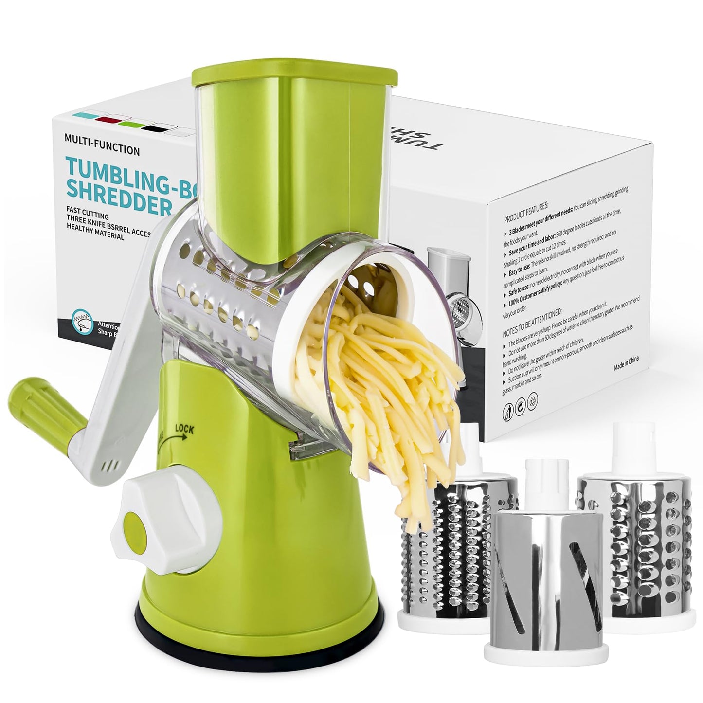 X Home Rotary Cheese Grater for Kitchen, Shredder with 3 Interchangeable Blades, Rotary Grater with Handle and Strong Suction Base, for Vegetables, Fruit, Nuts, Easy to Use and Clean, Black