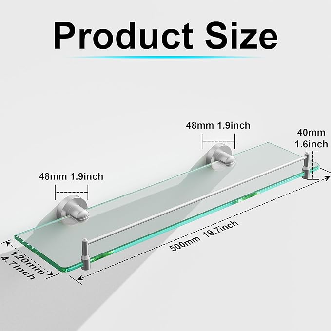20 Inches Glass Shelves for Bathroom, Brushed Nickel Floating Glass Shelf Stainless Steel Tempered Glass Bathroom Shelves for Wall Mount Modern