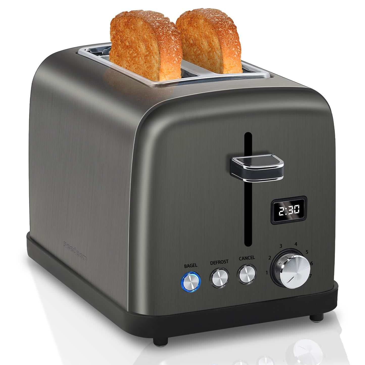 SEEDEEM Toaster 2 Slice, LCD Display, 7 Shade Settings, 1.4'' Wide Slots, Stainless Steel Digital Toaster for Bagel, Defrost, Reheat, Removable Crumb Tray, 900W, Grey