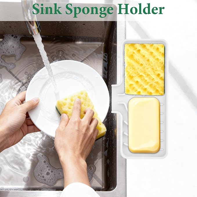 GUUKIN Sponge Holder for Kitchen Sink, 9.8"×4.9" Silicone Dish Drying Mat, Scrub Daddy Holder, Kitchen Sink Accessories, Suitable for Kitchens & Bathrooms (White)