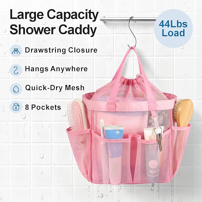 F-color Mesh Shower Caddy Portable with Drawstring - Large 8 Pockets Dorm Room Essentials for Guys Girls with S Hook, Shower Bag Basket Tote for College Camping Gym Travel Toiletry Bathroom, Pink