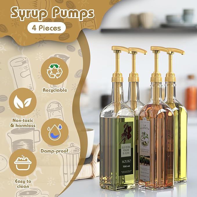 Coffee Syrup Pump Dispenser, 4 Packs of Syrup Pump for 750ml/25.4 oz Syrup Bottle, Gold Pumps for Coffee Syrup Bottle, works with Torani, DaVinci, Jordans Skinny 750ml Syrups Bottles (Gold)