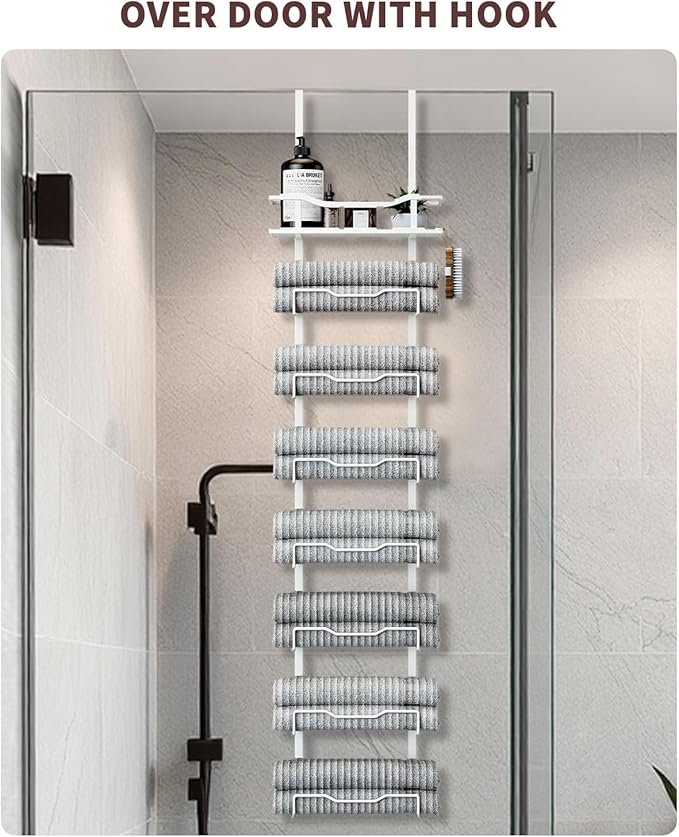 Hanging Towel Racks for Bathroom No Drill - Over The Door 8-Tier Bath Towel Storage Organizer for Small Bathrooms - Back Door Large Tiered Towel Holder Hanger for Rolled Towels RV Camper White