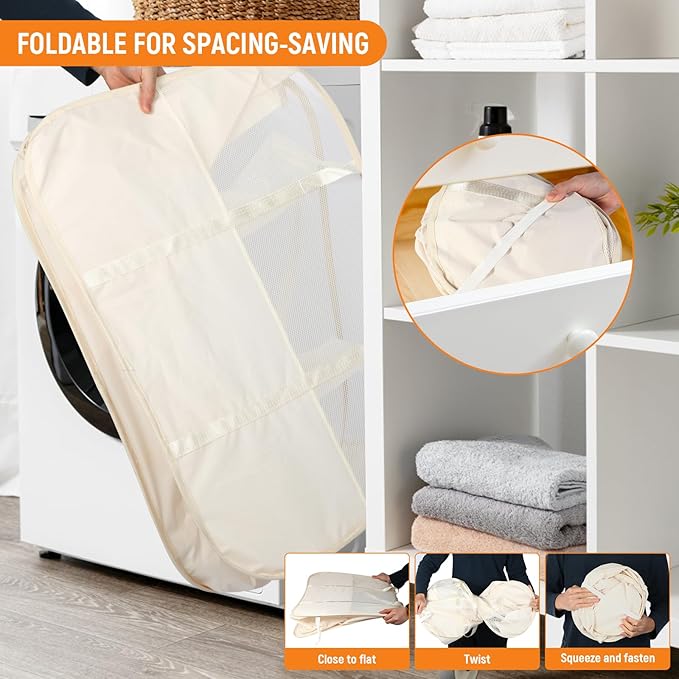 Collapsible Laundry Baskets with 3 Compartment, 150L Tear-proof Pop Up Hamper, Foldable Laundry Basket with Tote Handles, Dirty Clothes Hamper for Laundry, Bedroom, Bathroom, Dorm Beige
