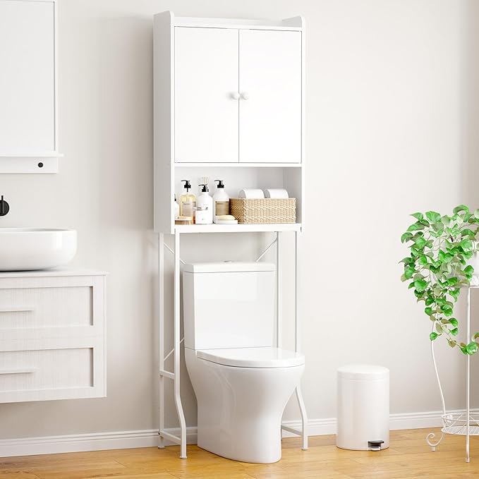 Kitsure Over The Toilet Storage Cabinet - 3 Tier Bathroom Organizers and Storage Solution with Adjustable Shelf & Bottom Bar, Anti-Tip Bathroom Storage Cabinet, White, 3 Tiers (68.1" H)