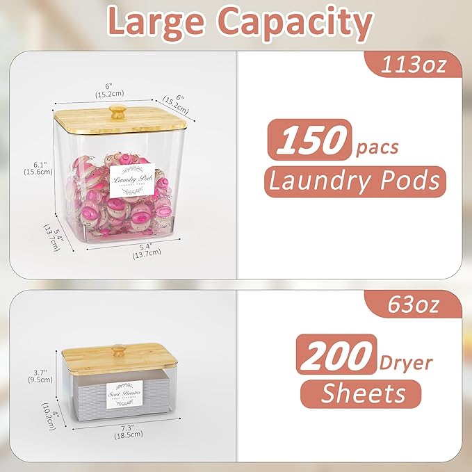 Laundry Room Organization and Storage, Laundry Pods Container and Dryer Sheet Holder with Bamboo Lids and Labels, Laundry Organizer with Scoops for Booster Beads, Powder, Pods, 4+1 Pack
