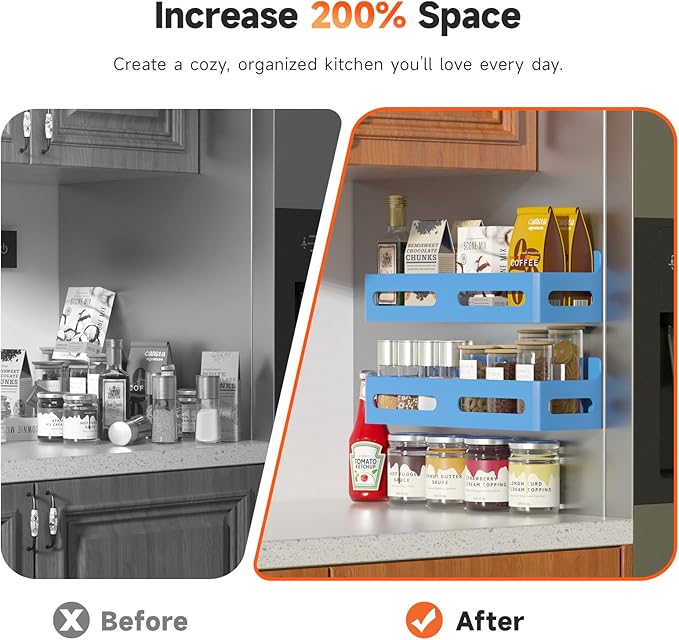 4 Pack Strong Magnetic Spice Rack for Refrigerator, Multipurpose Magnetic Shelf for Fridge with 4 Hooks for kitchen and Bathroom Organization, Blue