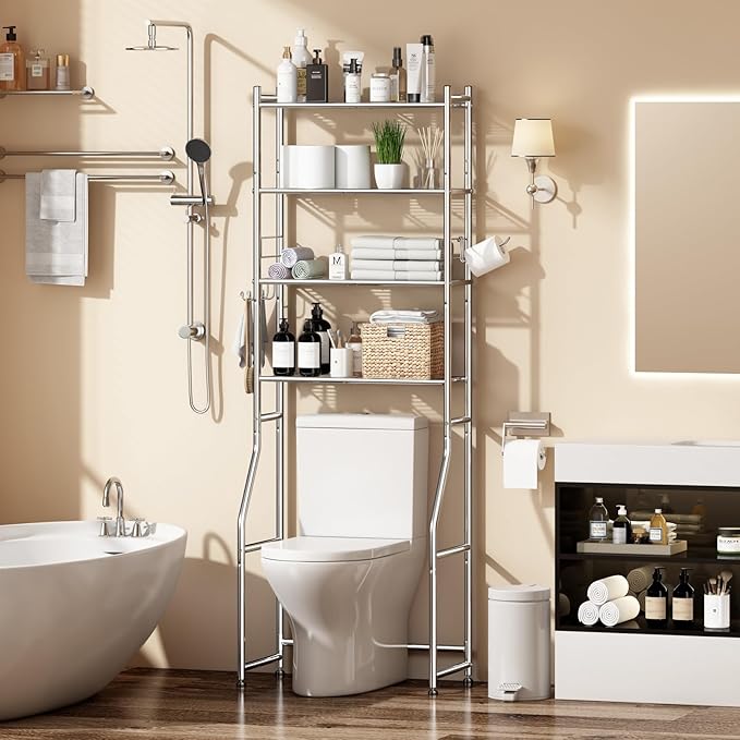 Over The Toilet Storage Cabinet, Metal 4 Tier Bathroom Shelves Over Toilet, Bathroom Oragnizer with 4 Hooks and Paper Holder, Chrome