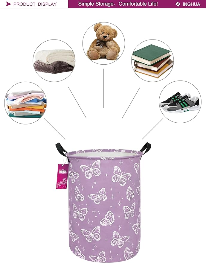 Laundry Hamper Large Canvas Fabric Lightweight Storage Basket/Toy Organizer/Dirty Clothes Collapsible Waterproof for College Dorms, Boys and Girls Bedroom,Bathroom(butterfly)