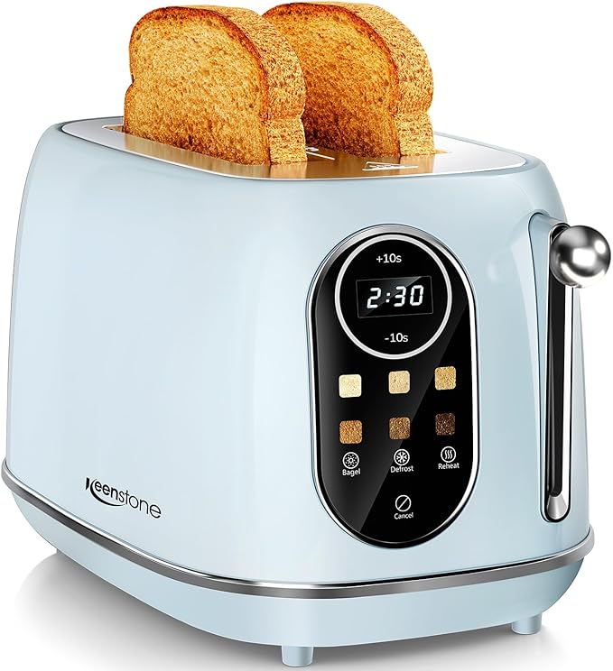 Keenstone Smart Touch Screen Toaster 2 Slice, Retro Wide Slot Stainless Steel Toaster with 6 Browning Levels, Reheat & Defrost, for Bagel, Toast, Bread, Removable Crumb Tray, Beige
