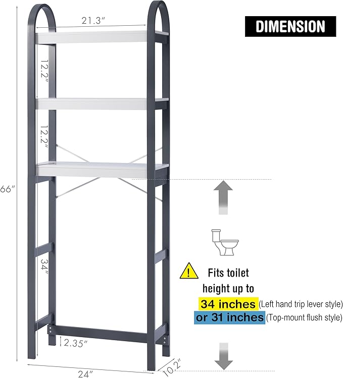 Spirich Over The Toilet Storage Shelf, 3-Tier Over Toilet Bathroom Organizer, Space-Saving Above Toilet Storage Shelf Rack with Bamboo Frame, Gray