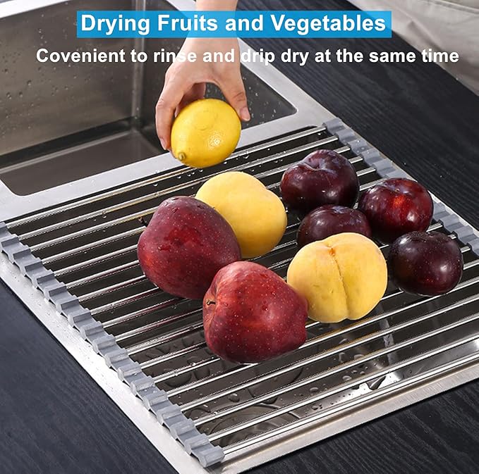Seropy Roll Up Dish Drying Rack Over The Sink for RV Sink 17.5x15.7 in Kitchen Drying Rack Folding Dish Drainer Mat Rolling Dish Rack Foldable Rack Stainless Steel Wide Kitchen Dry Rack