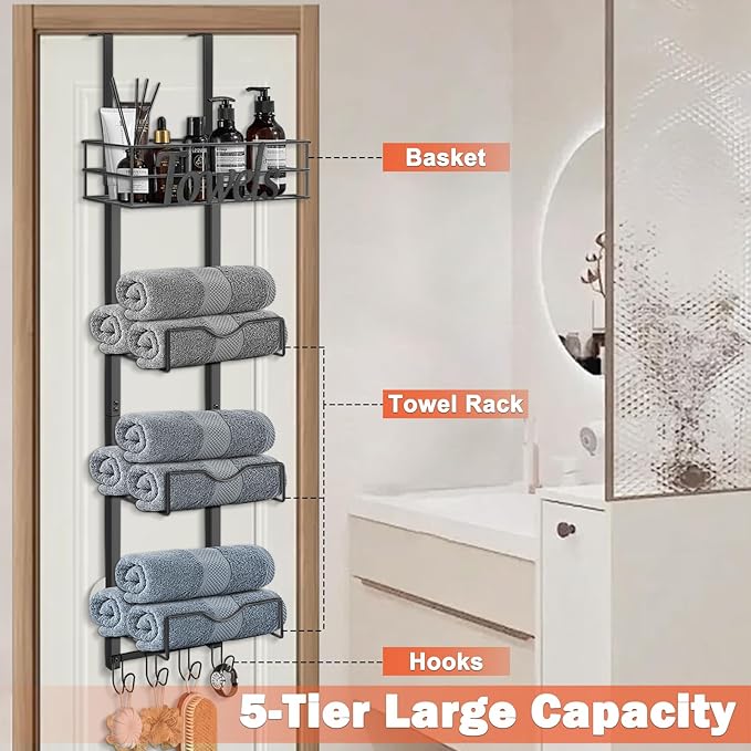 HarJue Over The Door Towel Racks, No Drill Towel Storage with Basket & Hooks, Space-Saving Multi-Functional Towel Holder for Bathrooms, bedrooms, Apartments, RVs (Matte Black)