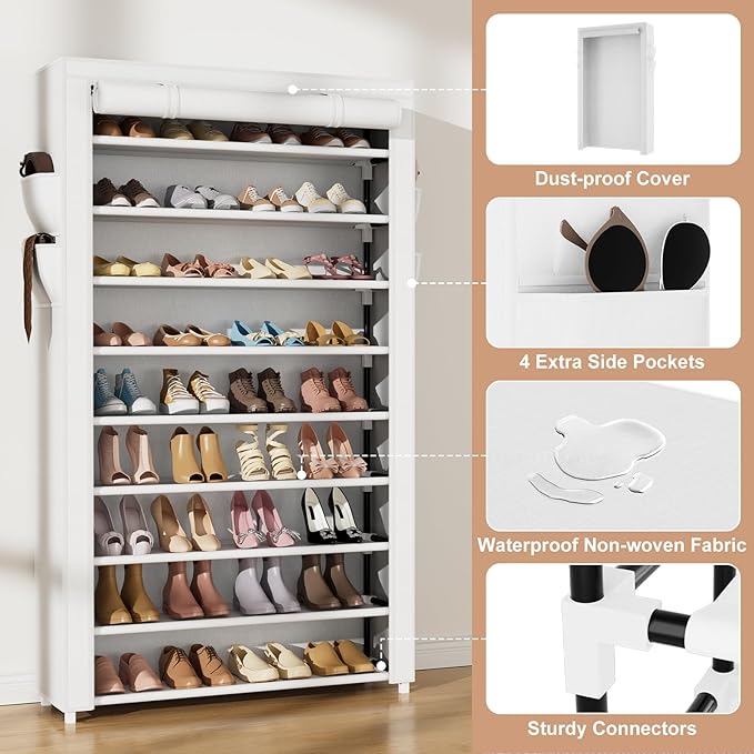 Shoe Rack with Cover Narrow Shoe Organizer with Pockets 10 Tier Tall Shoe Storage Holds 36-41 Pairs Shoes and Boots Shoe Rack for Closet Entryway Garage, White