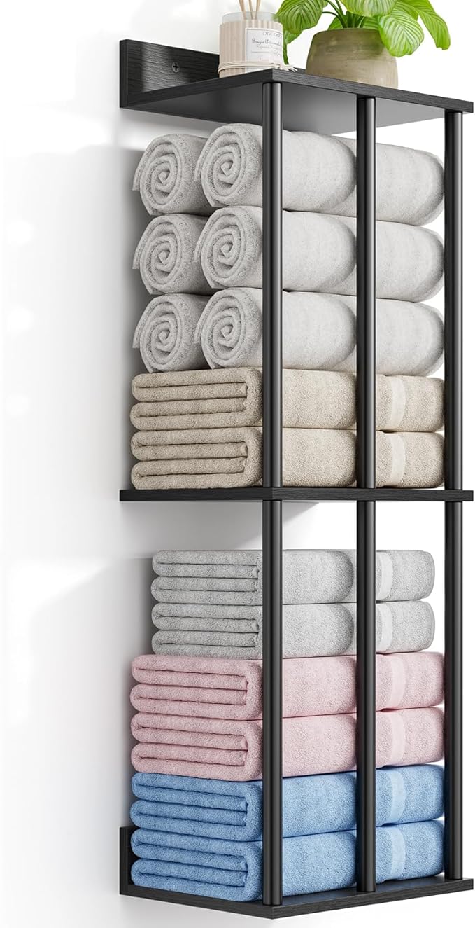 Towel Racks for Bathroom Wall Mounted with Wooden Storage Shelf, Updated 3 Bar Metal Towel Holder for Rolled Towels, Sturdy and Large Capacity, Towel Storage Organizer