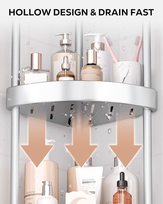 Nieifi Corner Shower Caddy Stand-5 Tier Rustproof Anodized Aluminum Standing Shower Organizer-Shower Caddy Corner-Dual Stability to Anti-Shaking-Height-Adjustable Legs for Uneven Surfaces-Silver