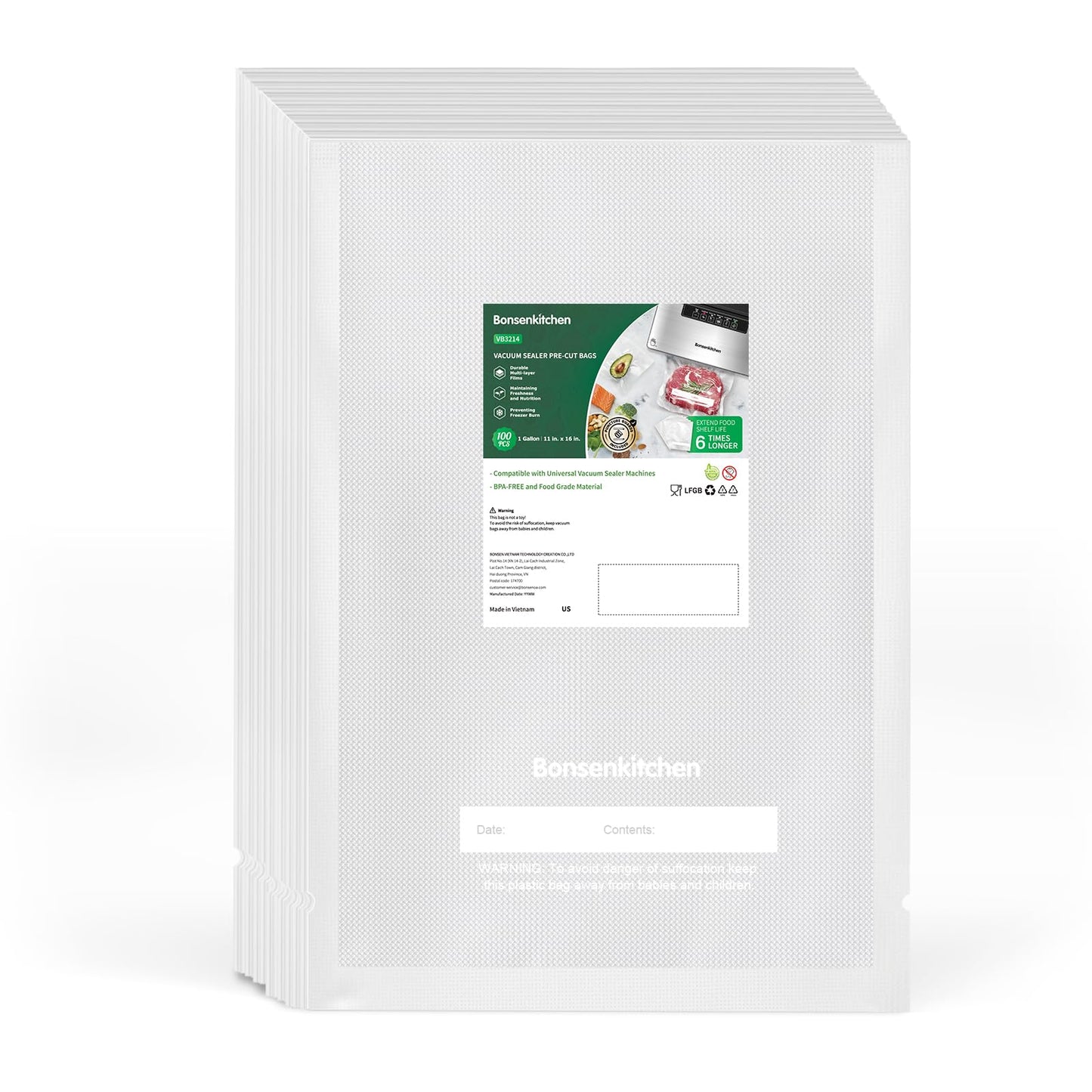 Bonsenkitchen Precut Vacuum Sealer Bags 200 Quart 8" x 12", BPA Free