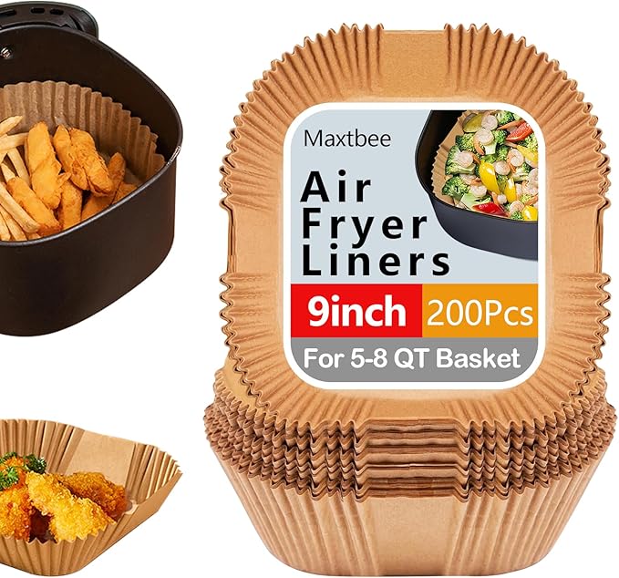 10 Inch Air Fryer Liners Disposable, 200Pcs Square Air Fryer Paper Liners, Oil-Proof & High-Temperature Resistant Parchment Baking Paper for Air Fryer, Microwave and Oven（Bottom Is 9 Inch）