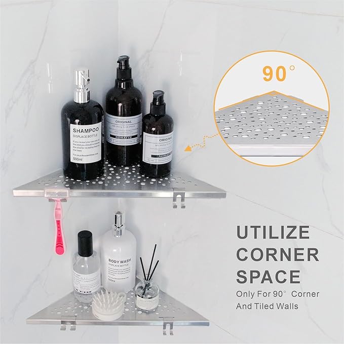 Shower Corner Shelf with 4 Hooks,No-Drill 10" Brushed Nickel 304 Stainless Steel Recessed Shelves for Bathroom Tile Walls,2-Pack