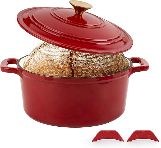 Tastedeli Enamel Cast Iron Dutch Oven with Lid, Round Casserole Pot for Bread Baking, Braising, Roasting, and Stews, Heavy-Duty, Oven Safe, Induction Compatible (4.7QT,Green)
