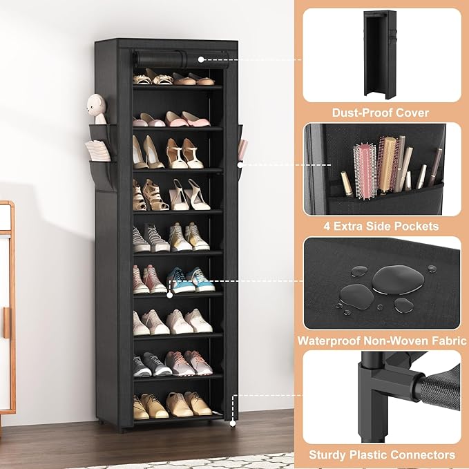 Shoe Rack with Cover Narrow Shoe Organizer with 4 Side Pockets 10 Tier Tall Shoe Storage Holds 18-22 Pairs Shoes and Boots Shoe Rack for Closet Entryway Garage