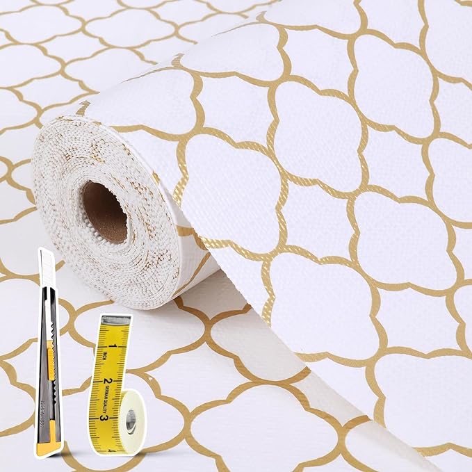 Shelf Drawer Liners for Kitchen Cabinets Non Adhesive Drawer Liner Thickened Refrigerator Liner Gold Quatrefoil Strong Non-Slip Paper for Tool Box with Knife and Tape Measure,23.6 x 236.2 Inches