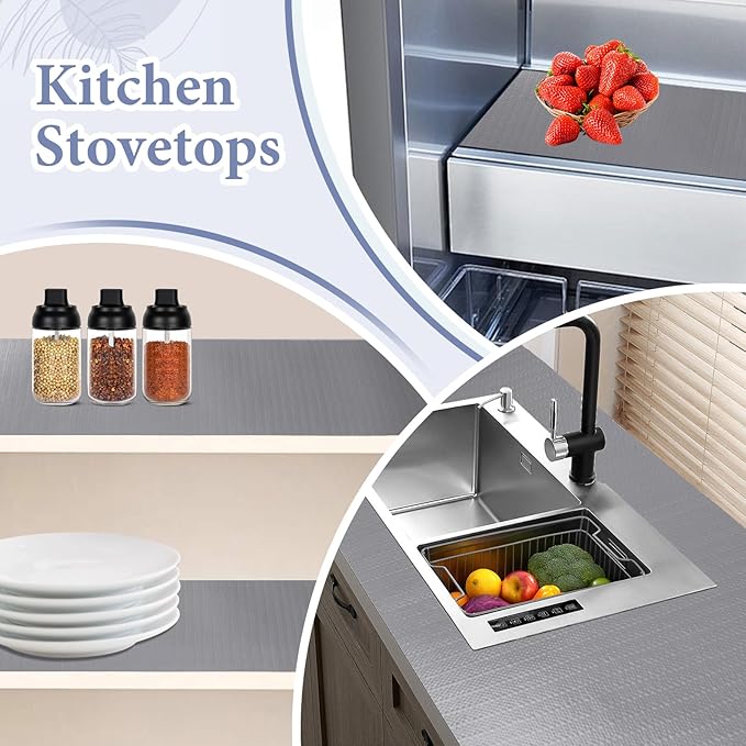 Drawer and Shelf Liner for Kitchen Cabinet: 17 in X 20 Ft Non Slip Waterproof Shelf Paper Non Adhesive Refrigerator Liners Gray Easy Liners for Bathroom Cupboard with Knife Tape Measure