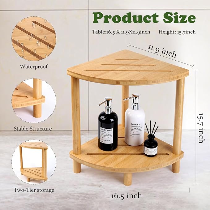 Upgraded Bamboo Corner Shower Stool for Inside Shower Waterproof,2-Tier Shower Foot Rest with Storage Shelf,Corner Shower Shelf Bench Caddy Shaving Leg,Bath Seat,Gifts for Women Mom