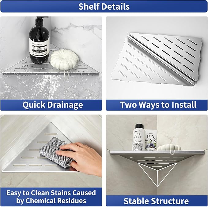 Corner Shower Shelf 10", Brushed 304 Stainless Steel Slot Design Recessed Corner Shelves Bathroom Grout in Shelf for Tiled Wall, 2 Pack