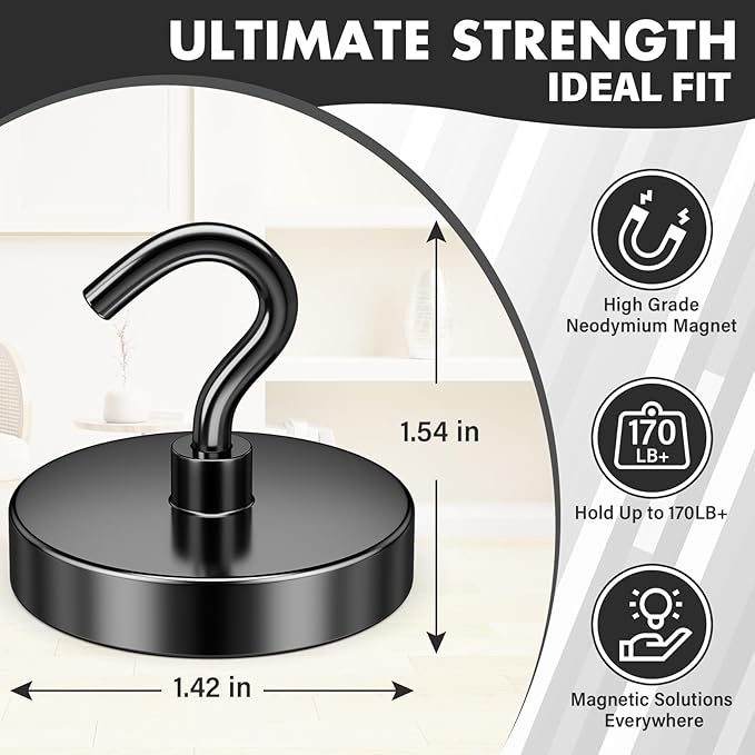 Magnetic Hooks for Cruise Cabins, 170lbs Black Magnetic Hooks for Classroom, Cruise Magnets, Strong Magnets Heavy Duty for Grill, Kitchen, Office, Camping Essentials, 4 Pack