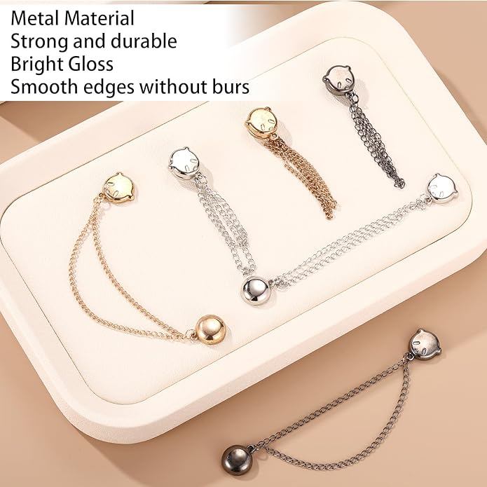 6pcs Magnetic Clothing Clips with Chain, Multi-Function Magnet Button Pins Hijab Cuff Clips for Fixing Hem of Clothes Long Pants Legs Sleeves of Shirts