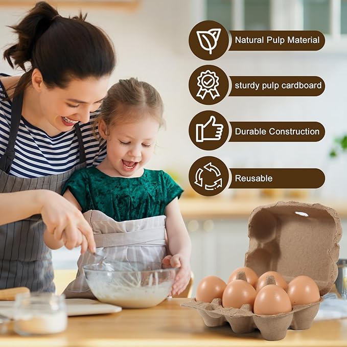 40 Pack Half Dozen Egg Cartons Bulk 6 Count, Empty Natural Paper Pulp Egg Cartons Reusable, Strong Sturdy Design Made from Natural Cardboard.