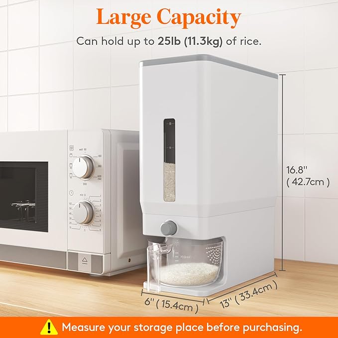 Lifewit Rice Dispenser 25 Lbs(11.3kg), Rice Storage Container Sealed Moisture Proof with Measuring Cup for Kitchen Pantry Household, BPA-Free, 1 Pack White