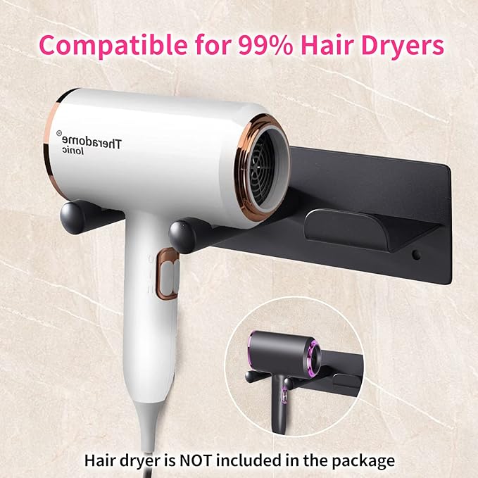 Hair Dryer Holder Wall Mounted, Self Adhesive Blow Dryer Holder Hair Dryer Organizer Hair Dryer Holder Wall Mounted Compatible with Dyson Blow Dryer Black Banjekt